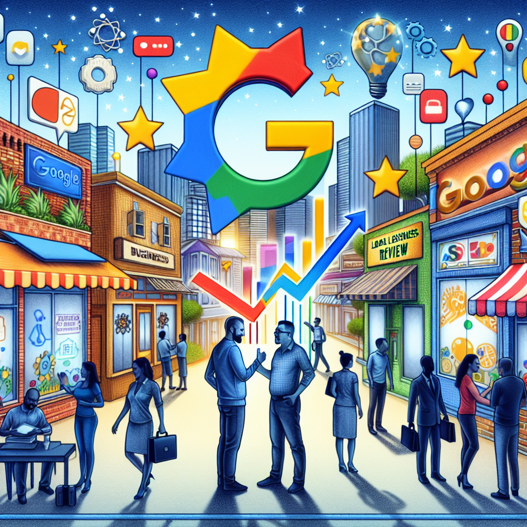 An illustrative display of the concept of Local Business Reviews impacting Google SEO. The scene unfolds in an urban landscape featuring a variety of businesses; think colorful storefronts, a diverse array of services, and a range of cultural influences. Incorporate some Caucasian and Middle Eastern business owners in mid-dialogue, exchanging ideas about the importance of online reviews. Perhaps display a giant abstract symbol of Google's logo hovering above, casting light upon a business getting a positive online review. Introduce an element of a SEO bar gradually filling up or a chart showing a rising trend as the reviews pour in.