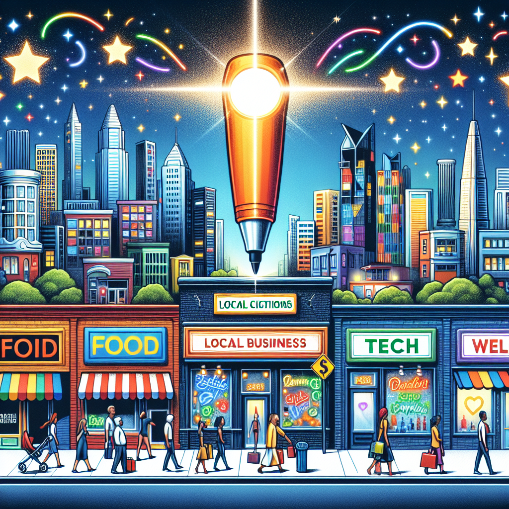 Visualize an urban landscape filled with diverse businesses. Include a bright and colorful signboard representing Local Business Citations in the foreground with a giant marker pen pointing towards it. Behind the signboard, show a lineup of shops representing different types of businesses like food, retail, tech, and wellness, each with their unique storefronts. On the sidewalk, depict a cross-section of pedestrians, including a Caucasian woman, a Hispanic man, a Black teenager, and a South-Asian elderly couple. Above, fill the sky with dazzling stars, signifying a 'stunning' scene. This composition signifies the importance of local citations for business success.