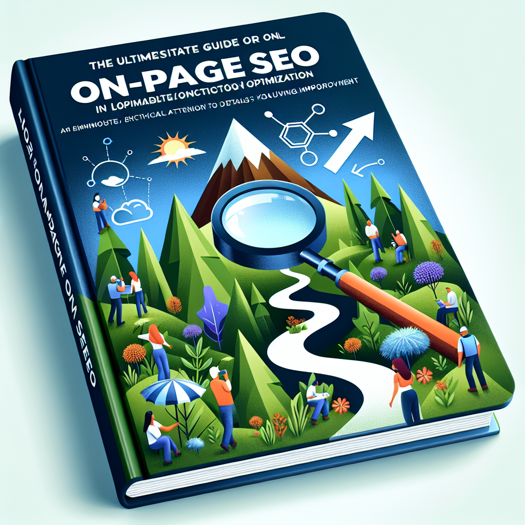 Visualize a comprehensible and instructive cover for an ultimate guide on local on-page SEO optimization. The image should represent the effortless path to successful SEO in a local context. It should feature a trail leading to a peak, symbolic of optimal SEO, in a lush, locally flavored surroundings. Include symbols like a magnifying glass scrutinizing a web page to signify meticulous attention to details key in SEO. Also insert an upward facing arrow, indicating improvement. A representation of different ethnicities of people engaged in work to highlight diversity and inclusivity in the world of SEO could be added.
