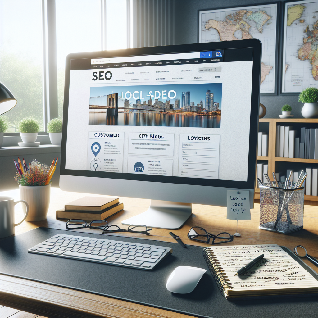 A well-organized desk setting featuring a large computer screen, a keyboard, and a mouse, displaying a SEO webpage. The website shown exhibits a user-friendly interface with customized city-based content. To communicate the essence of local SEO, show a city skyline in the background of the site. Coffee mug and notepads with SEO notes/keywords scribbled on them are on the desk. There is also an open book on local SEO strategies. The room is well-lit with daylight from a nearby window. Include a map with location pins as part of the webpage design to signify local SEO.
