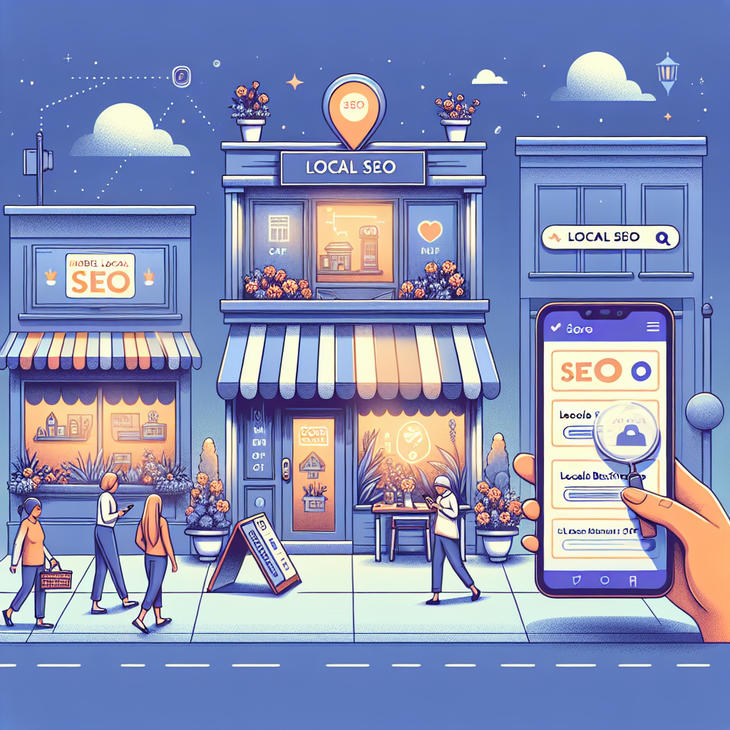 Design an illustrative scene showcasing the concept of 'Mobile Local SEO'. Visualize a small shop or business like a cafe or flower shop, owned by a South Asian female entrepreneur, situated in a bustling town. The storefront display is inviting and appealing with the words 'Local SEO' appearing purposefully yet seamlessly within the storefront design. Nearby, a Caucasian male is seen browsing on his mobile phone, with a search engine page open, showing the store listed at the top amongst local businesses. Ambient details of the town, fellow pedestrians with equal representation of various descents and genders all contribute towards a setting of small business prosperity in a highly digital age.