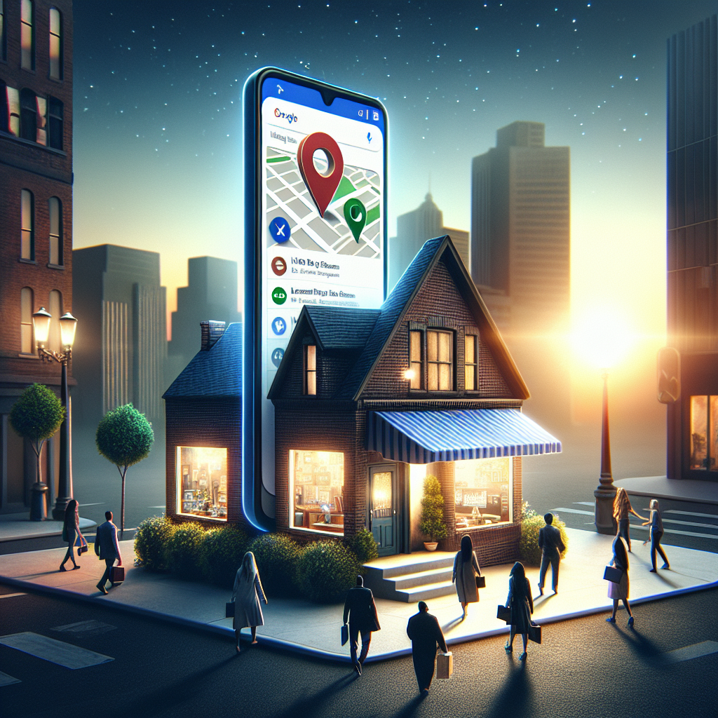 Visualize an image that represents a successful small business utilizing mobile local SEO strategies for growth. The scene should feature a small brick-and-mortar store situated on a bustling city street. A giant smartphone stands nearby, its screen displaying a map pinpointing the store, along with positive reviews and a high search ranking. Diverse people are shown walking towards this store, guided by the smartphone. The setting sun in the backdrop suggests the store's visible online presence even in the fading daylight. The image embodies the essence of must-have, effortless strategies for small business wins in the local search engine optimization domain.