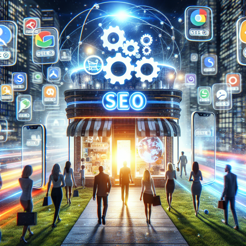 A dynamic image representing Local SEO for small businesses with a mobile focus. The image should depict a small store in a city, with a glowing sign showing gears and the SEO letters, symbolizing the store is investing in local SEO strategies. Floating around the store, we could visualize several mobile phones with various popular search engine logos, representing the search queries being made. Insets of these screens show the store’s website ranking high in the results. A mix of men and women customers, varying in descent from Black, Hispanic, Caucasian, Middle-Eastern, South Asian, are seen walking into the store, happy with their finds.