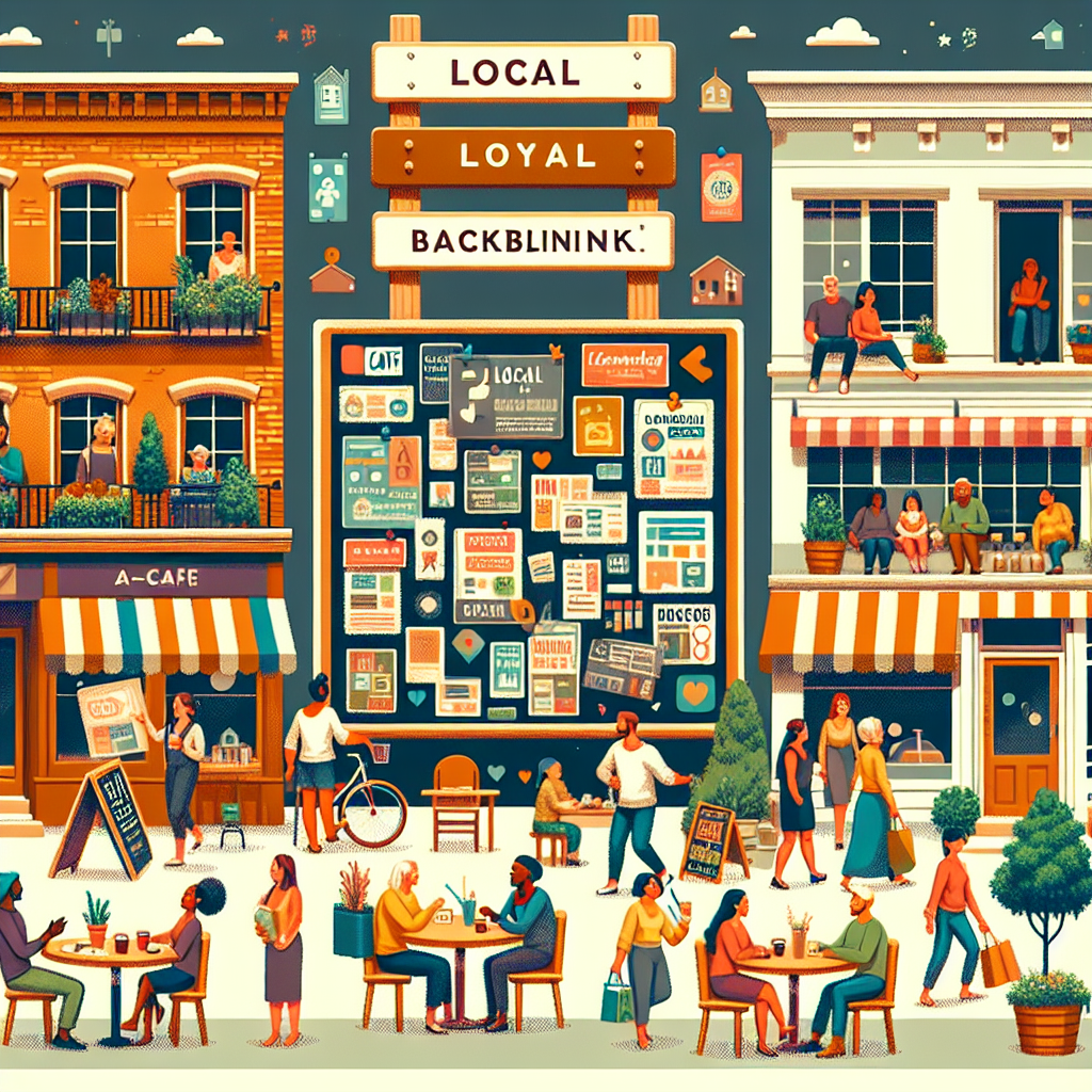 Create an image showing a bustling neighborhood scene. Show a group of people of different genders and descents such as Asian, African, Caucasian and Middle Eastern, engaged in activities like shopping, dining, talking in various locally owned businesses such as a cafe, bookshop, restaurant, and bakery. Nearby, include a visible community board filled with various posters and advertisements for local services and events. The board serves as a metaphor for local backlinks. Use warm, inviting colors to emphasize the positive nature of the community. The overall tone should depict a strong sense of community and local support.
