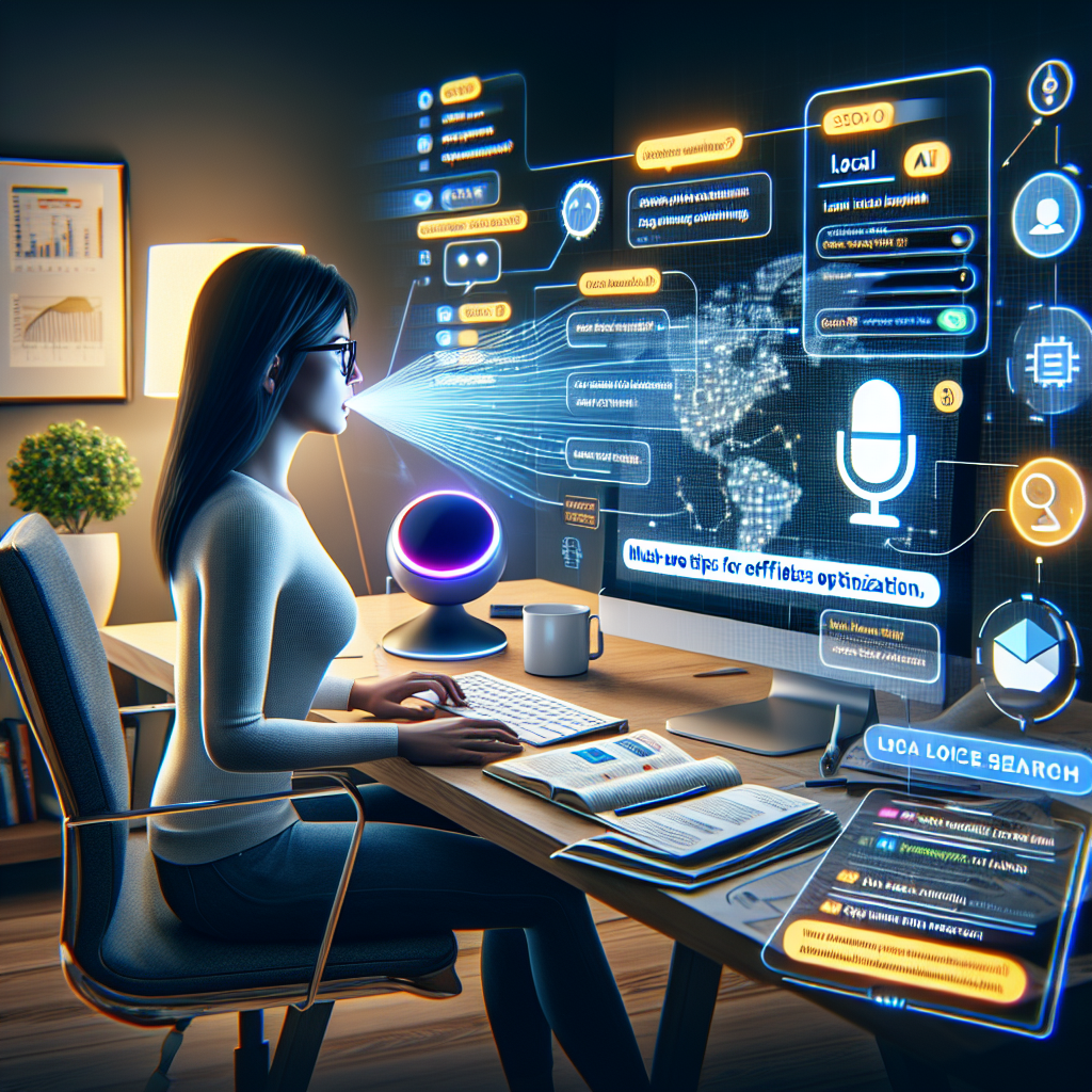 A scene illustrating the concept of Voice Search Local SEO. Picture this: a focused individual of Middle-Eastern descent is in a modern home office, working on a detailed SEO plan on her computer. Beside her, an AI assistant device glows, responding to her voice commands. On her screen, you can see graphics depicting maps and local businesses, demonstrating the local aspect of SEO. Various SEO tools, charts, and graphs are scattered around her workspace. A list titled 'Must-Have Tips for Effortless Optimization' is clearly visible, with several key points already checked off. To make clearer the process of effortless optimization, depict simplified coding lines running from the woman's mouth to the AI device, which then interacts with the graphs and charts on the computer screen.