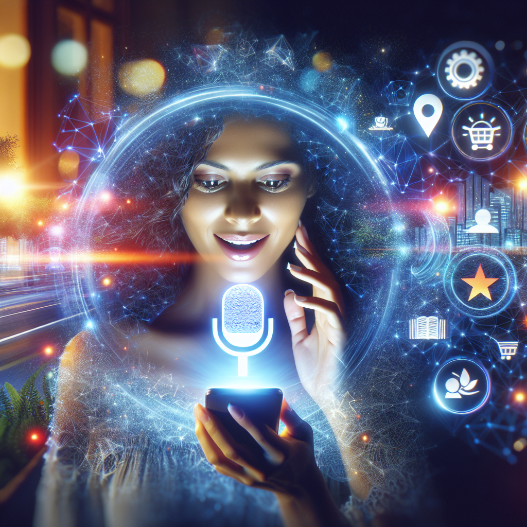 Captivating visualization of a person using voice search on her mobile device. The screen of the device illuminates a woman's face, highlighting her enchanted expression. She's emanating a sense of wonder and ease, indicative of effortless optimization. Perhaps, she could be a South Asian woman with thick curly hair. Floating around her are symbolic elements of Local SEO, like local landmarks, maps, and review stars in an abstract innovative style. The background transitions from a cozy home setting to a bustling cityscape to depict the 'local' aspect of the User Interface.