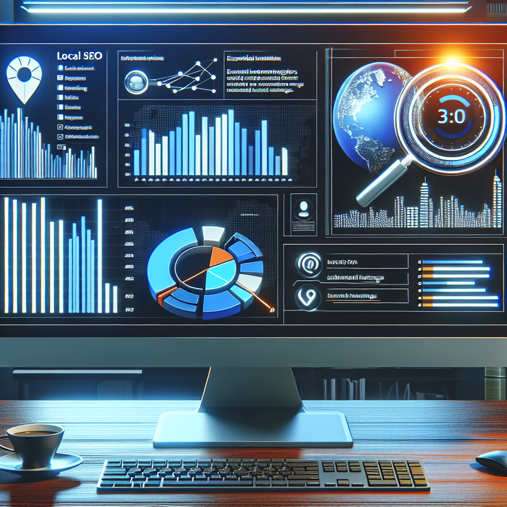 Visual representation of a digital dashboard showcasing local SEO analytics. The dashboard contains dynamic charts, bar graphs, and pie charts, demonstrating various key performance indicators (KPIs). On the side of the dashboard is a list of essential tips for effortless tracking of rankings. In the background, you can see a silhouette of a city skyline, symbolizing the local aspect of the SEO. There's a magnifying glass icon floating above the dashboard emphasizing the tracking aspect. The whole setup is on a modern, sleek desk with a computer keyboard and a cup of coffee.