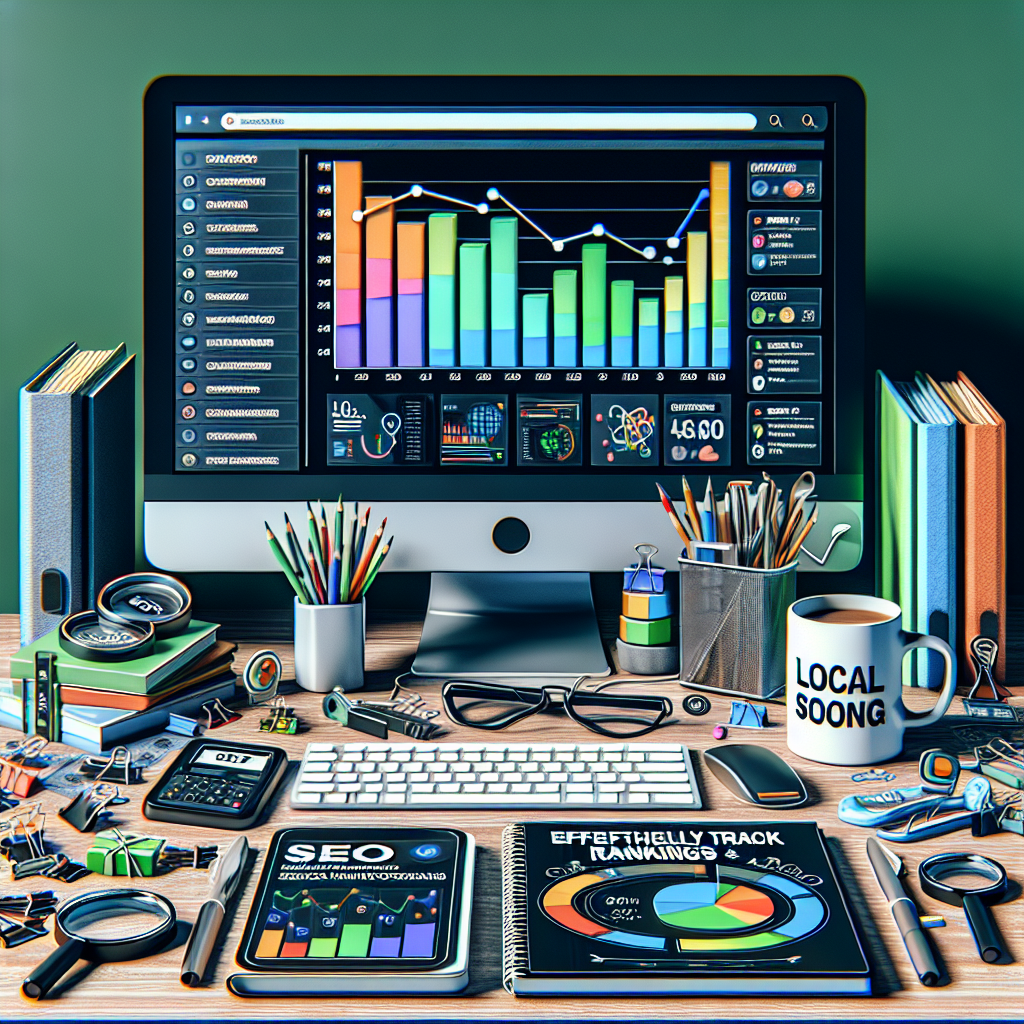 Visualize an organized desk scene featuring a top-notch computer displaying a vibrant bar chart showcasing rankings for 'Local SEO Analytics'. Around the computer screen, scatter various SEO tools like keyword trackers, search engine optimization guidebooks and notebooks filled with essential tracking tips. Include a coffee mug bearing the inscription 'Effortlessly Track Rankings and KPIs'. A significant portion of the image should be in green to symbolize growth and success. It'd also hold a modern office ambiance, implying a tech-savvy environment.