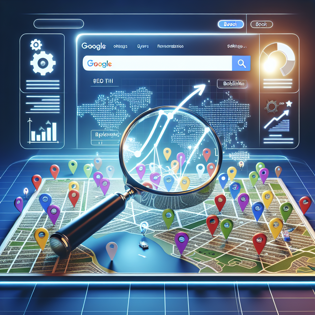 Create an image illustrating the digital concept of local SEO optimization. Show a magnifying glass hovering over a map dotted with small, vibrant location pins. In the corner, place a web browser window displaying a skeleton of a Google Business Profile page with sections filled with metaphoric representations of SEO elements - keywords, backlinks, and user reviews. Don't include any recognizable logos or trademarks. Instead, use generic symbols like gears for settings and star ratings for reviews. A chart showing growth trend and the word 'Boost' with an upward arrow should also be included in the scene to denote the improvement.