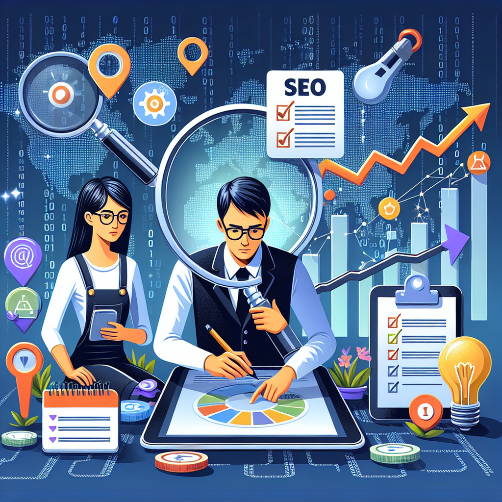 A concept art for Digital Marketing strategy: Display SEO (Search Engine Optimization) tools with symbols like a magnifying glass over a map pointing to local businesses, a light bulb indicating innovative ideas, a checklist for Keyword Research methods, a rising graph for SEO success. Characters are present - a Caucasian male with smart casual attire looking at SEO tools and an Asian female noting down the research findings on a digital tablet. The background should consist of binary codes and world map, reflecting the digital nature of the work.