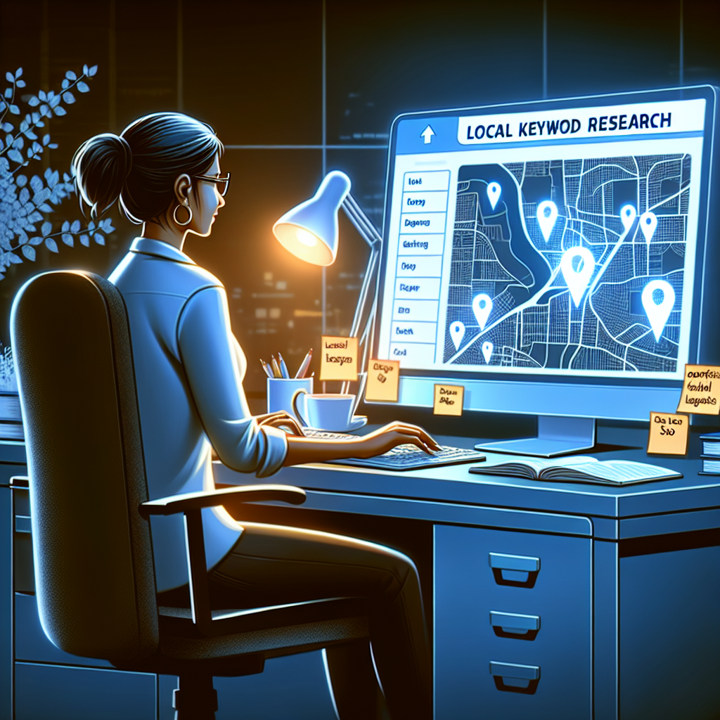 Visualize an image representing 'Local Keyword Research'. Imagine a South Asian female SEO expert sitting at a clean, organized workstation. On her computer screen, a map indicating local areas is displayed, with certain areas marked as high in keywords. She's involved in research, taking down notes on a notepad with various SEO related terms. To signify success, depict glowing arrows pointing upwards on the screen's side. Also, represent some useful tips for effortless local SEO success scattered around her desk - displayed on sticky notes or in an open manual.