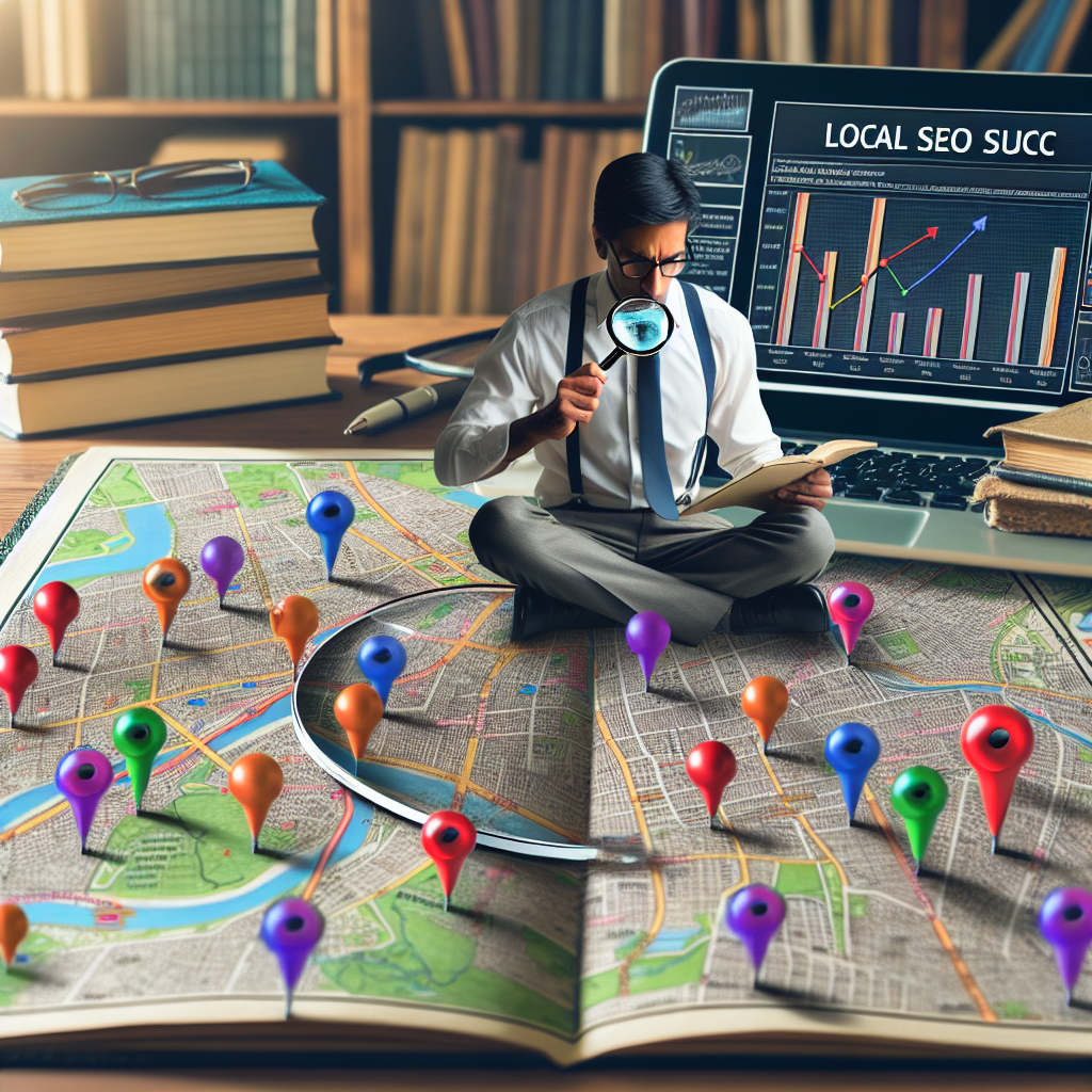 Imagine the scene for an article about local SEO success. In the foreground, an individual of South Asian descent is diligently examining a magnifying glass over a map of a city. The map is covered in multi-colored pushpins signifying key geographic locations for local keyword research. Adjacent to the map, a laptop screen displays graphs and statistics, denoting the recent success in SEO. This scene is surrounded by books and notes filled with helpful tips designated for effective local SEO strategies.