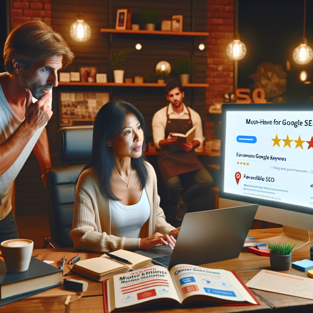 Visualize an energetic image associated with a local business striving for online recognition. An Asian female business owner attentively updating her business online profile on a large computer screen, showcasing high ratings in her Google reviews and favourable SEO keywords displayed brightly. Nearby, a Caucasian male employee seems to be in a discussion with a Hispanic customer, while a laptop at his side displays an open tutorial about Google SEO strategies. A book titled 'Must-Have Tips for Effortless Google SEO' lies opened next to him. The setting is a small, warm-lit local shop filled with modest products.