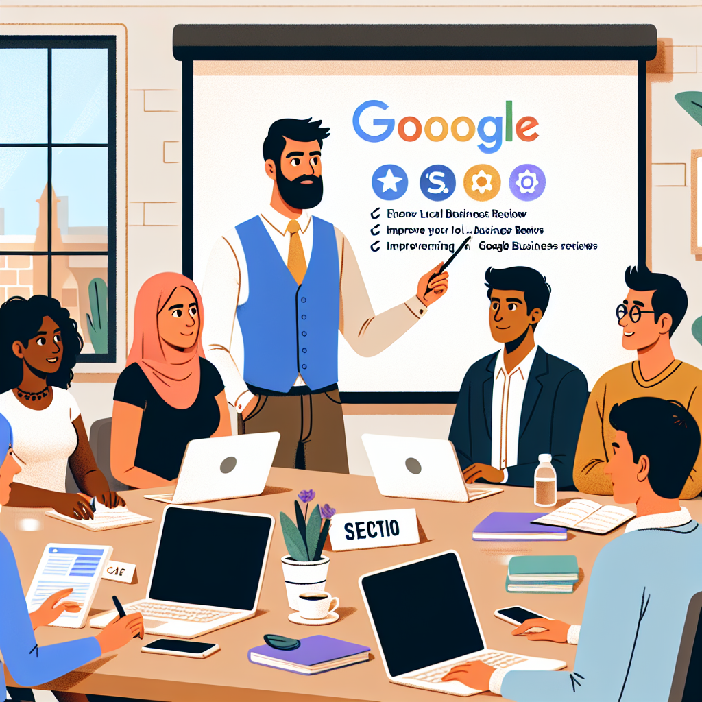 Depict a setting where a diverse group of small business owners are partaking in a workshop about Google SEO. Show a Hispanic male leading the session, point to a projection of tips and tricks for improving local business reviews. Include elements like laptops and notebooks on a table in front of participants, including a Caucasian female cafe owner, a Middle Eastern male shop-keeper and a South Asian female artist. Convey an atmosphere of learning, discussion and collaboration. Avoid specifics of the tips and tricks, focusing more on the atmosphere and the characters' reactions.