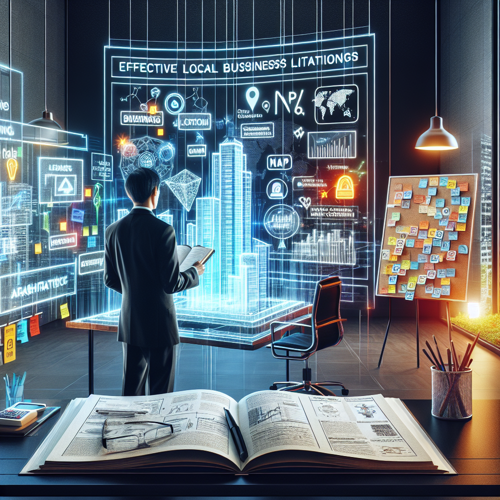 Imagine a vibrant artistic rendition symbolizing effective local business citations. An impeccably structured office, possibly of an architecture firm, stands tall. An Asian male architect attentively reviews business listings on a transparent futuristic screen. Near him, an organized board showcases local businesses' logos. On another side, a desktop screen displays a clear 'NAP consistency' diagram. An open notebook on the desk reveals handwritten notes about 'must-have listings'. The interior design seamlessly blends technology and traditional elements, reflecting the harmony of digital and physical aspects in local citations. Brilliant lights illuminate this scenario, evoking the concept of 'stunning'.
