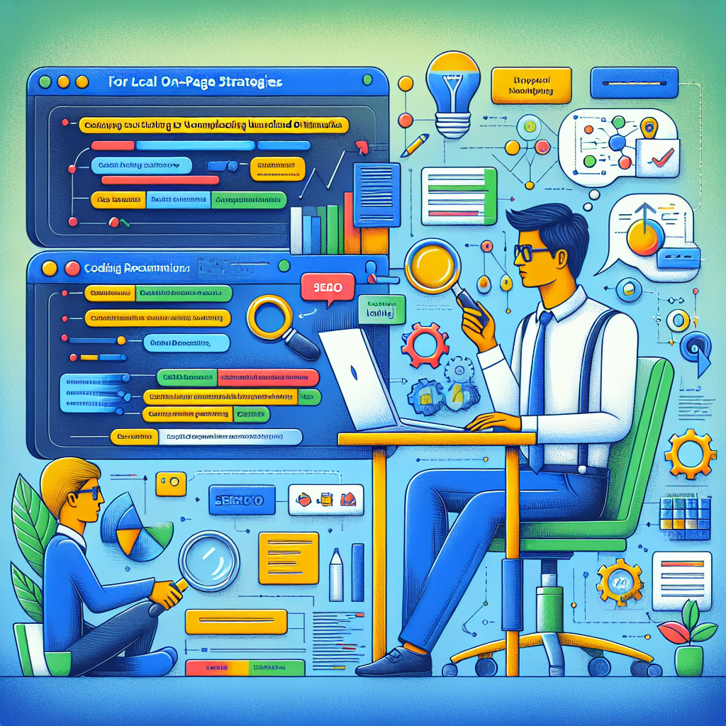 Create an image for an engaging scene about local on-page SEO strategies, focusing on useful recommendations for uncomplicated optimization. The image should depict a detailed, vivid visualization of a South Asian male SEO specialist working on a computer, implementing coding best practices. Overlay the image with flat lay icons representing keywords, tags, meta descriptions, and internal links; and thought bubbles containing conceptual diagrams of SERPs, Google Analytics, and local SEO schemas. The palette should be vibrant and tech-oriented with blues and greens. Please avoid representing any branding, specific location, or a recognizable person.