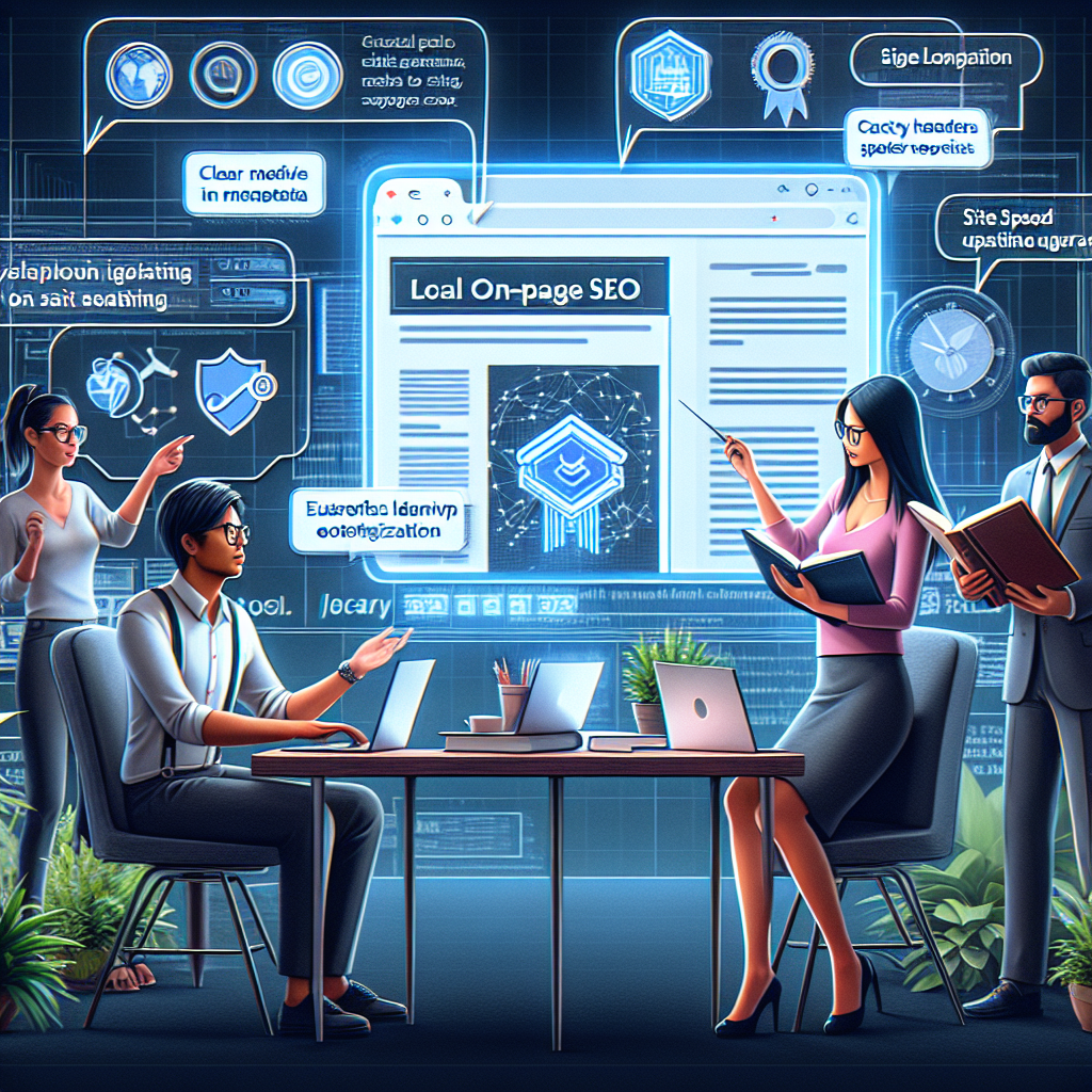 Visualize a digital marketing scene featuring a diverse group of professionals working together on local on-page SEO. There's an Asian woman pointing to a large interactive screen displaying a website with clear metadata, catchy headers, and quality content. A Caucasian man is seen typing on a laptop, incorporating keywords into the site's content. Nearby, a Middle-Eastern professional is consulting a thick book titled 'SEO Best Practices'. Highlight elements related to effortless optimization such as user-friendly interfaces, efficient coding practices, and site speed upgrades. The atmosphere is progressive and collaborative, embodying the spirit of continuous improvement.