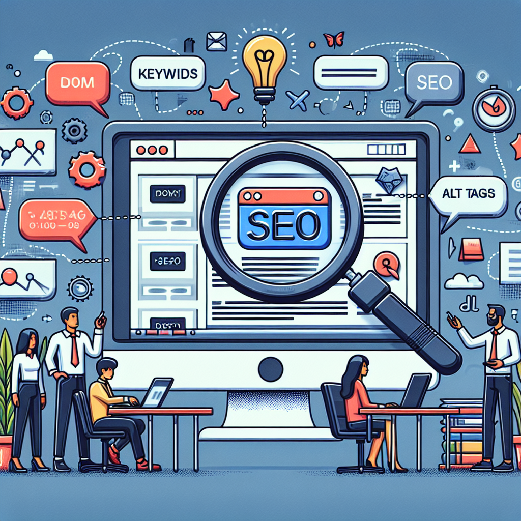 Visualize a dynamic, educational illustration capturing the essence of local on-page SEO optimization. This scene features a workspace containing a large monitor displaying a webpage with the SEO tags. Various SEO related items such as keywords, meta tags, alt tags are placed in thought bubbles arising from the monitor. A magnifying glass hovers over the webpage, symbolizing the analysis aspect of SEO. Nearby, a diverse mix of professionals, including a Hispanic man and an Asian woman, collaborate on strategies, indicating teamwork and diversity in digital marketing.