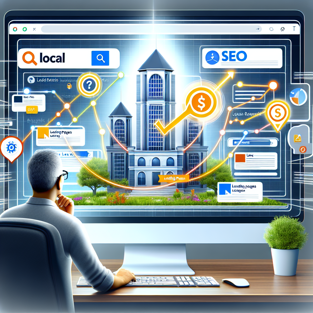 An engaging and detailed illustration that conveys the concept of Local Landing Pages SEO. Show a sleek modern digital landscape with thriving local businesses depicted as websites on a search engine page ranking in a top position. Highlighting the businesses, have arrows and indicators showcasing optimizations being made for SEO, with text bubbles highlighting keywords like 'local', 'SEO', 'landing pages', and 'success'. In the forefront, depict a satisfied business owner of South Asian descent observing this on a large computer monitor, expressing contentment and appreciation for the effortless success achieved through this must-have SEO strategy.