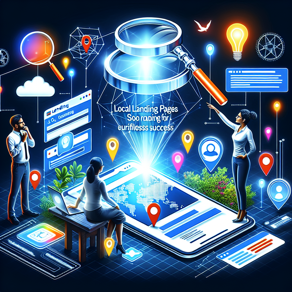 Portray a concept illustration showcasing the strategy involved in local landing pages SEO for effortless success. Include a visual representation of a website landing page glowing with bright colors as a symbol of high ranking, a magnifying glass hovering above highlighting keywords, and digital maps pinpointing locations, symbolizing localization. Add humans of various descents interacting with the concept: A Hispanic woman studying the strategy with a magnifying glass, a Middle-Eastern man modifying metadata on the page and a South-Asian woman placing markers on the digital map for localization.