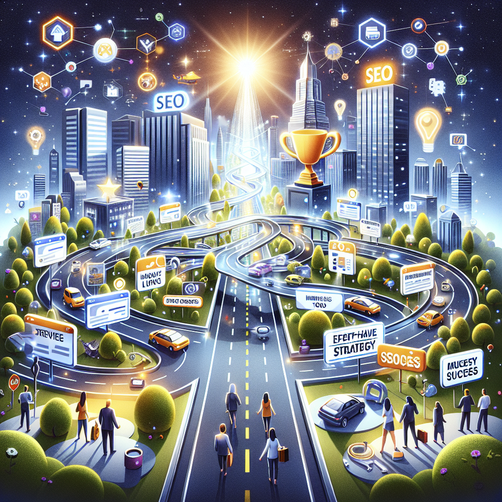 Visualize an image of a modern digital landscape where a vibrant city made up of myriad web browsing tabs and webpages represents Local Landing Pages. The city should be gleaming with search engine symbols, filled with SEO tools as buildings, inbound link bridges, and keyword trees. Complement this with an engaging road marked 'Must-Have Strategy' leading towards 'Effortless Success' signified by a towering trophy or a bright shining star. Also, include a diverse group of people from various descents: Caucasian, Hispanic, Black, Middle-Eastern, South Asian, White, working together to pave this road. The main elements to focus on are Local Landing Pages, SEO tools, and strategy leading to success.