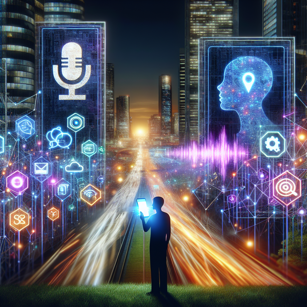 Visualize a bustling digital city landscape at dusk. Large billboards display various symbols and graphics representing SEO strategies and voice search icons. Interwoven amid skyscrapers are vibrant neon lines, symbolizing network connections and data streams. In the foreground, a silhouette of a person speaks into a glowing, luminous smartphone which emits waves corresponding to voice search. The atmosphere is full of energy and dynamism, underscoring the potential of local SEO in enhancing accessibility and online visibility.